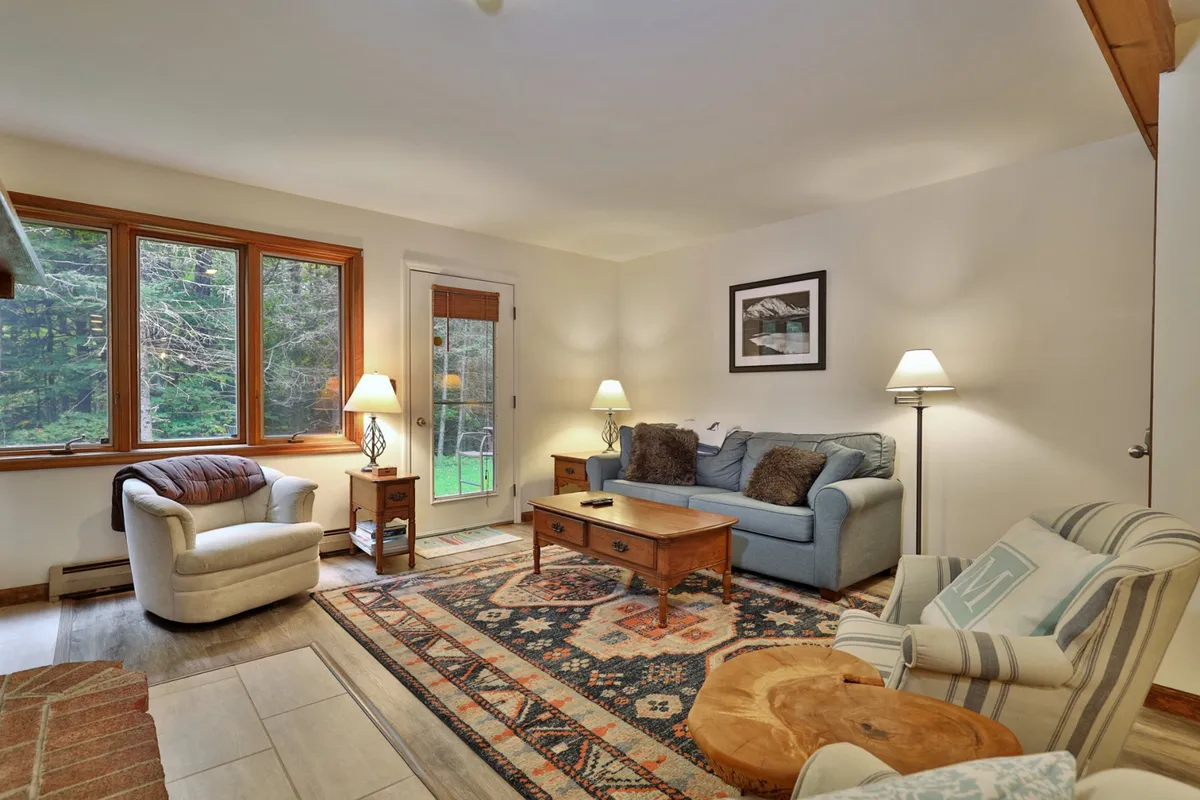 A welcoming living area with a sofa, coffee table, rug, and large windows. The space is arranged for relaxing, socializing, and enjoying time with friends or family, whether it's a quiet afternoon or a festive evening.